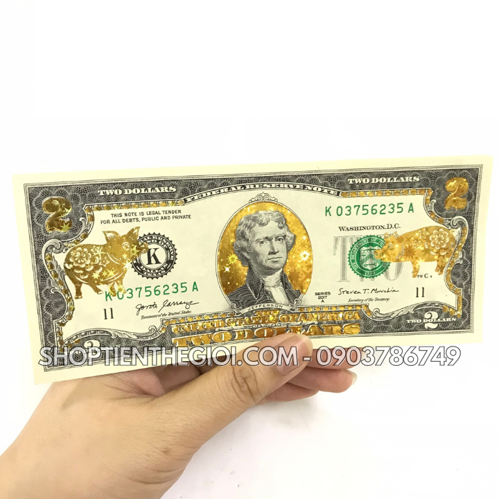 Tiền 2 USD in hình con Heo 3D nhũ vàng 